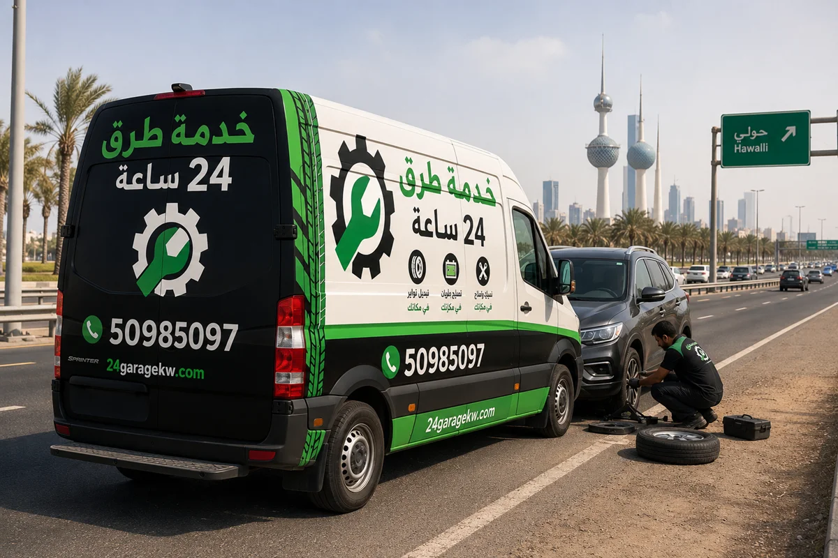 كراج متنقل خدمة طرق 24 ساعة في الكويت: بنشر متنقل، تبديل تواير، تبديل بطاريات، كهربائي سيارات، فني تكييف سيارات، تظليل سيارات، اشتراك بطارية، تعبئة بنزين متنقل، ميجر سيرفس